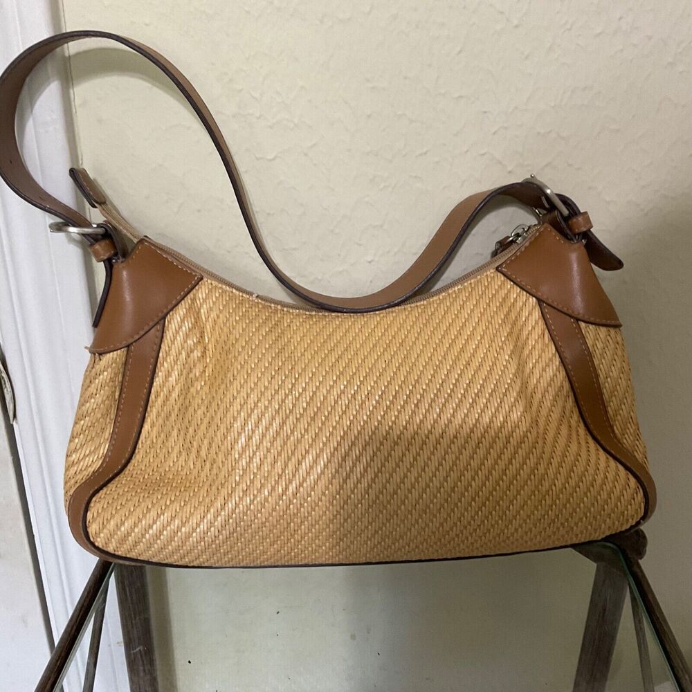 Fossil Woven Straw Baguette Handbag in Cream/Tan One Size striped liner - Picture 7 of 16